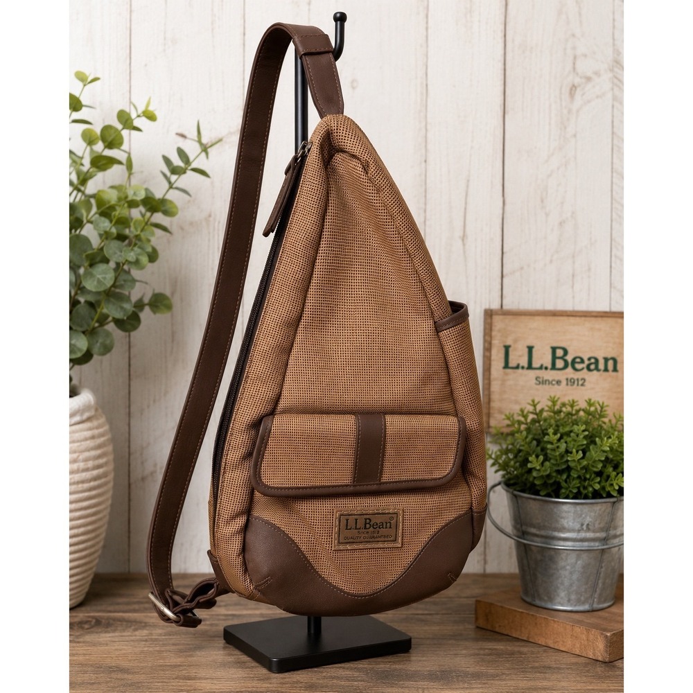 LL Bean Crossbody Sling Bag Tan Brown Leather Trim Teardrop Backpack 0FVJ5